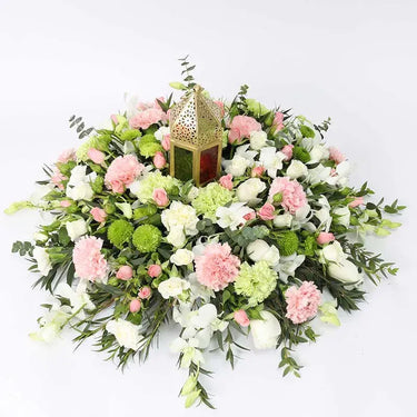 Cluster Pink White and Green, Ramadan Table Arrangement, Pink Carnation, White Carnation, White Rose, Pink Baby Rose, White Baby Rose, White Orchid, Green Carnation, Green Button Chrysanthemum, Eucalyptus, Parvifolia, Golden Lantern, Center Table Arrangement